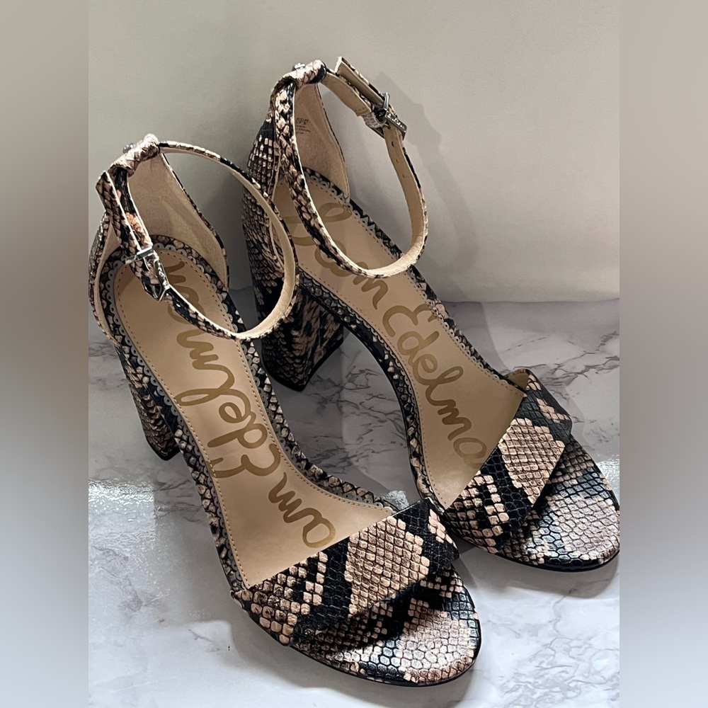 Sam Edelman Yaro Snake Print Leather Ankle Strap Block Heels, Size 7.5